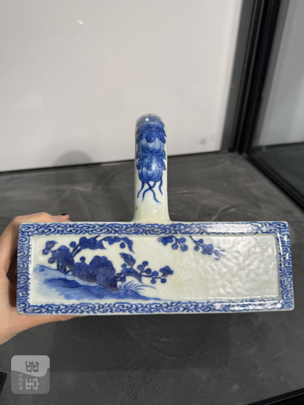 清嘉庆青花瑞兽花卉诗文提梁方洗 - 图4